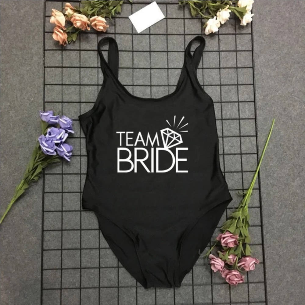 Black Baywatch-Style “Team Bride” One Piece Novelty Wedding Bridal Swimsuit